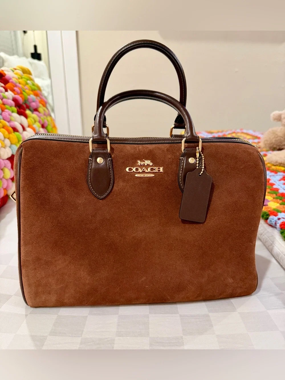 Coach Brown Suede Leather Top-Handle Satchel with Dark Brown Trim